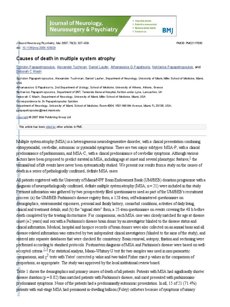 Causes of Death in Multiple System Atrophy