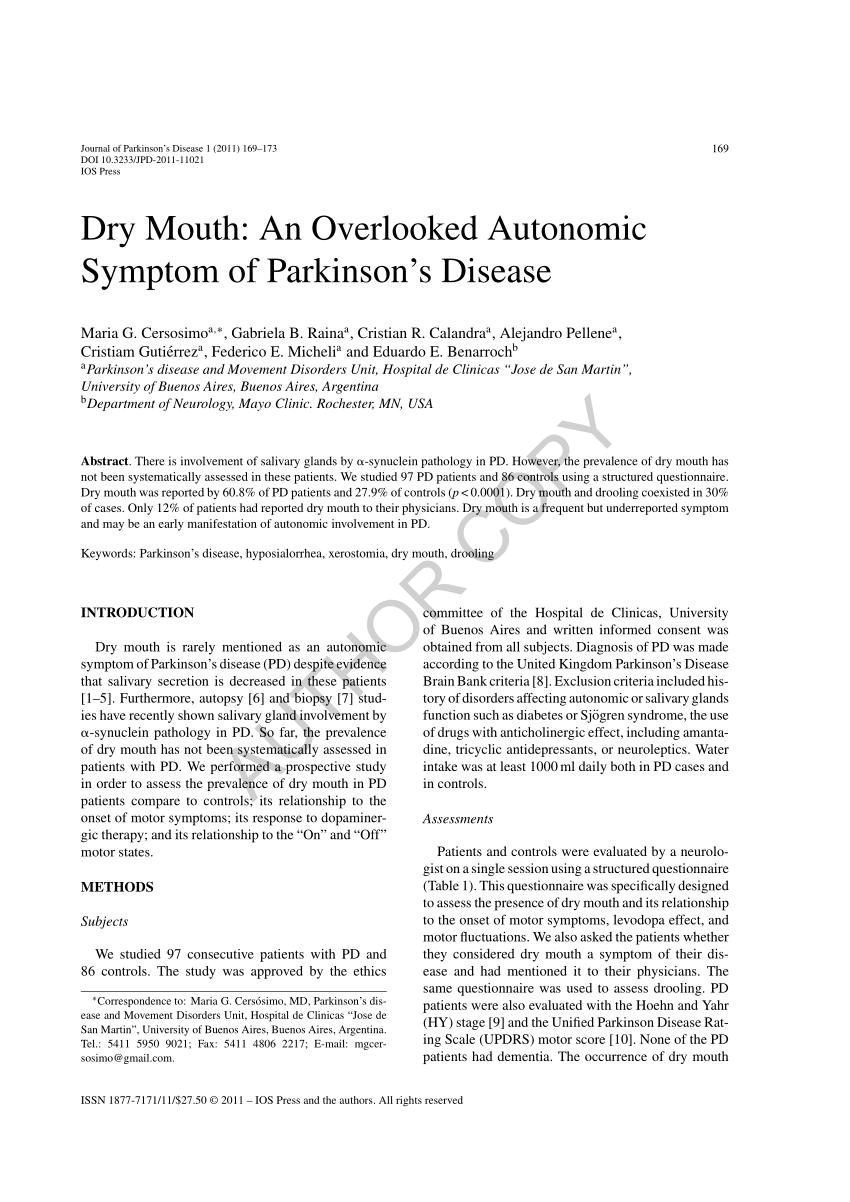 (PDF) Dry Mouth: An Overlooked Autonomic Symptom of Parkinson